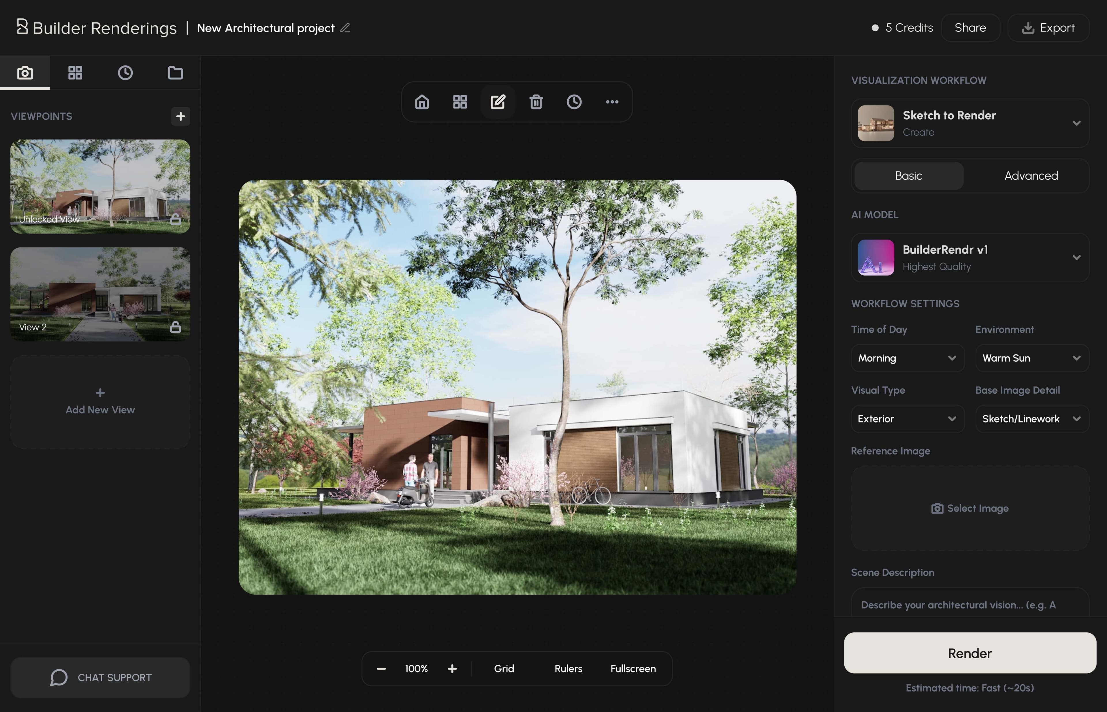Builder Renderings workspace showing sketch-to-render workflow