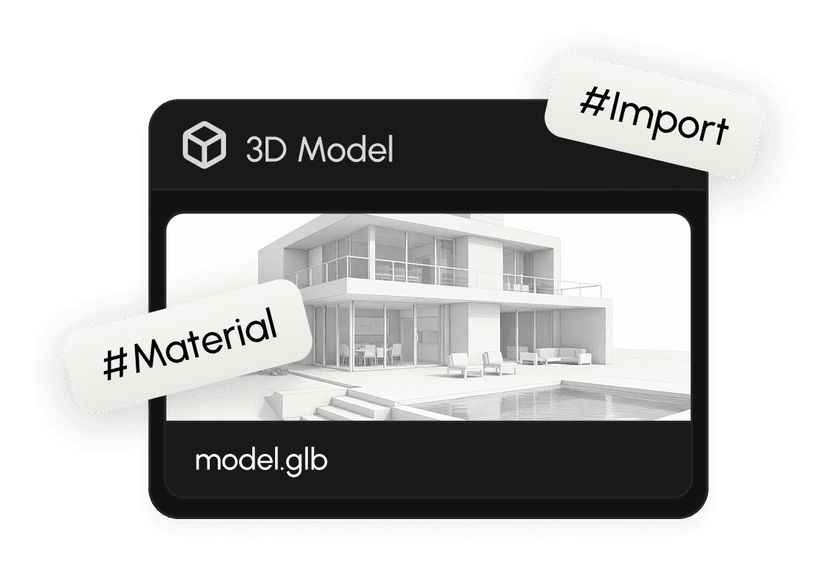 3D model preview card with material and import tags