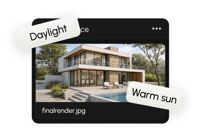 Rendered architectural scene with style tags